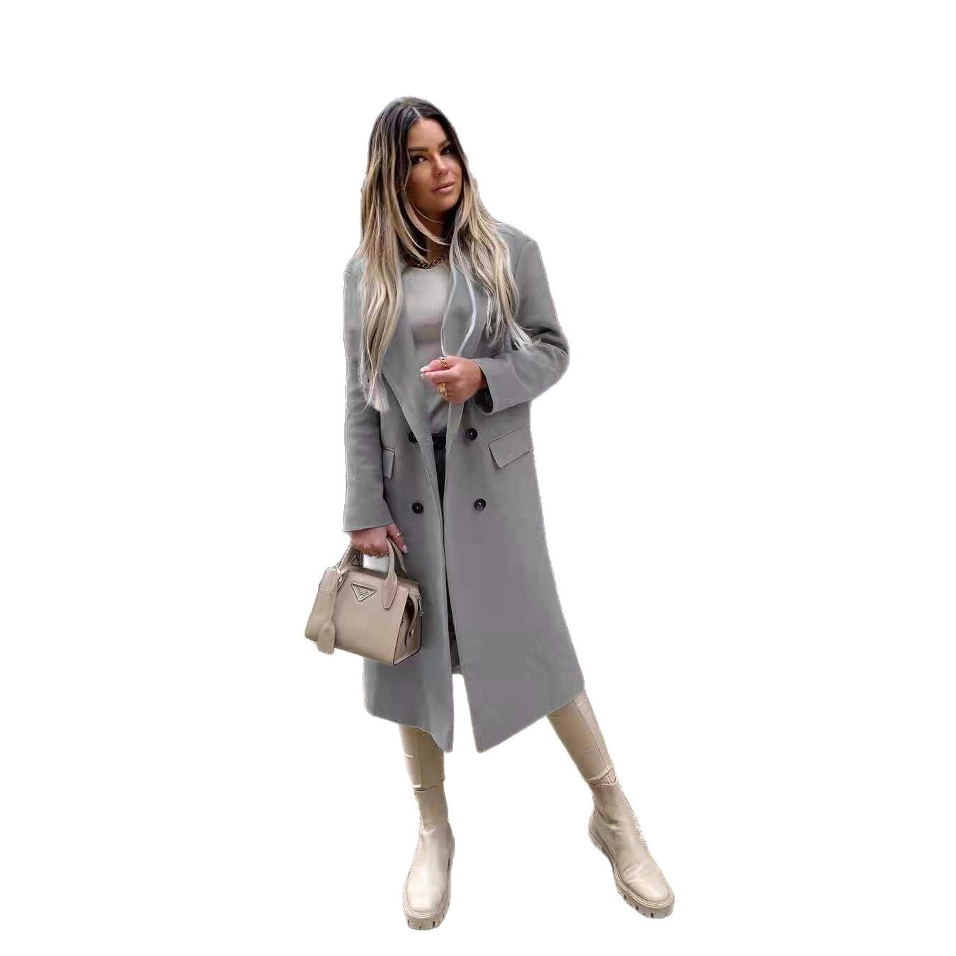 Solid Double-Breasted Midi Coat with Notched Lapel