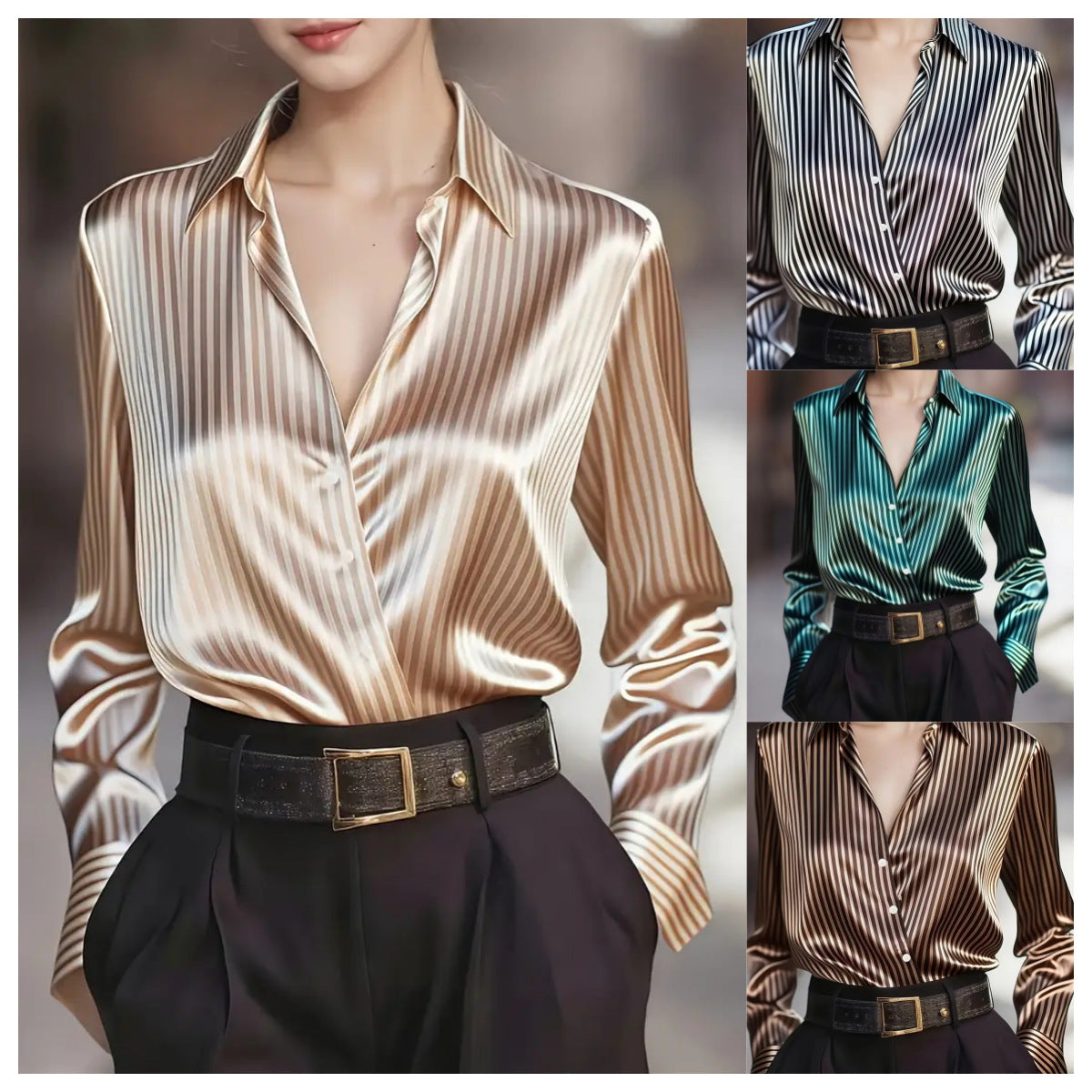 Silky Striped Blouse with Crossover V-Neck