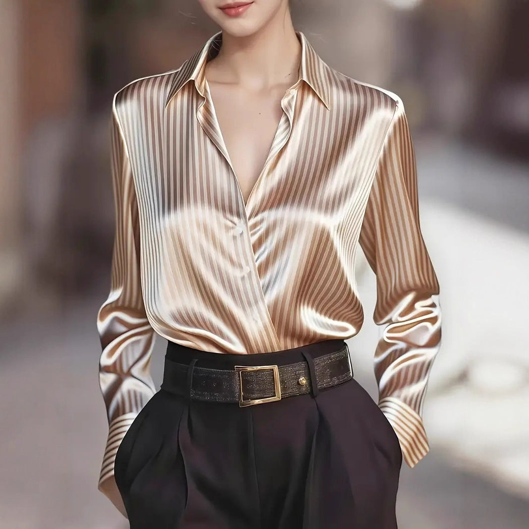Silky Striped Blouse with Crossover V-Neck