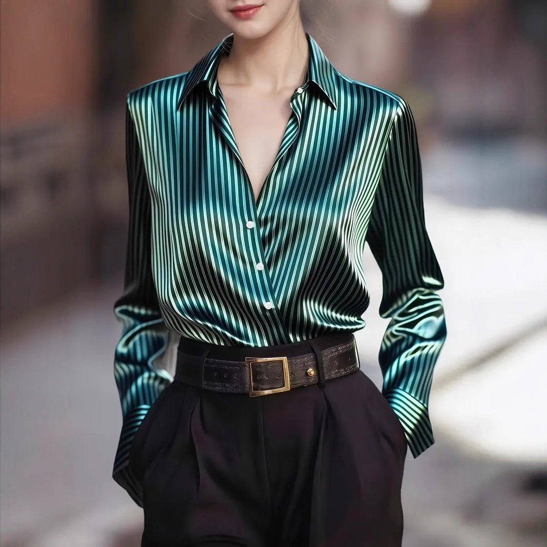 Silky Striped Blouse with Crossover V-Neck