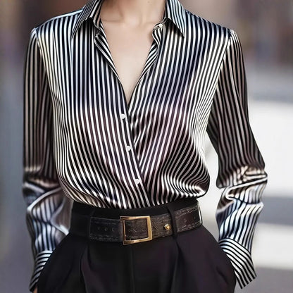 Silky Striped Blouse with Crossover V-Neck