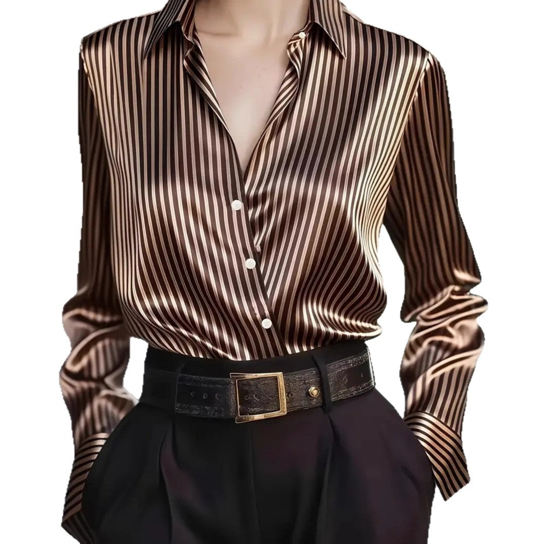Silky Striped Blouse with Crossover V-Neck