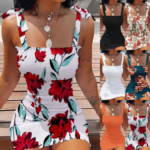 Floral Print Ruched Bodycon Mini Dress with Tie Straps