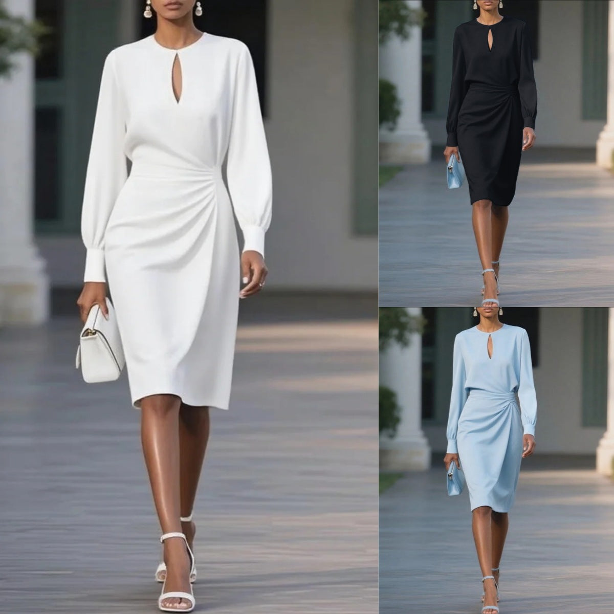 Solid Midi Dress with Keyhole Neck and Draped Waist