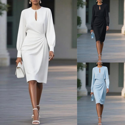 Solid Midi Dress with Keyhole Neck and Draped Waist