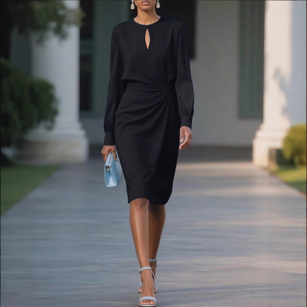 Solid Midi Dress with Keyhole Neck and Draped Waist