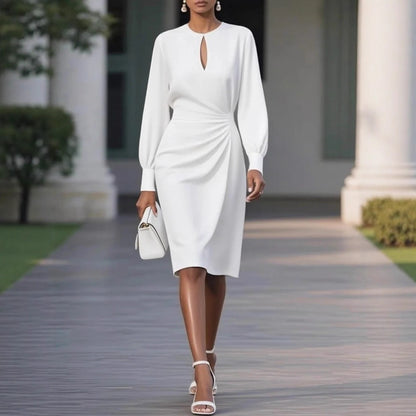 Solid Midi Dress with Keyhole Neck and Draped Waist