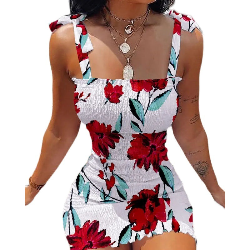 Floral Print Ruched Bodycon Mini Dress with Tie Straps