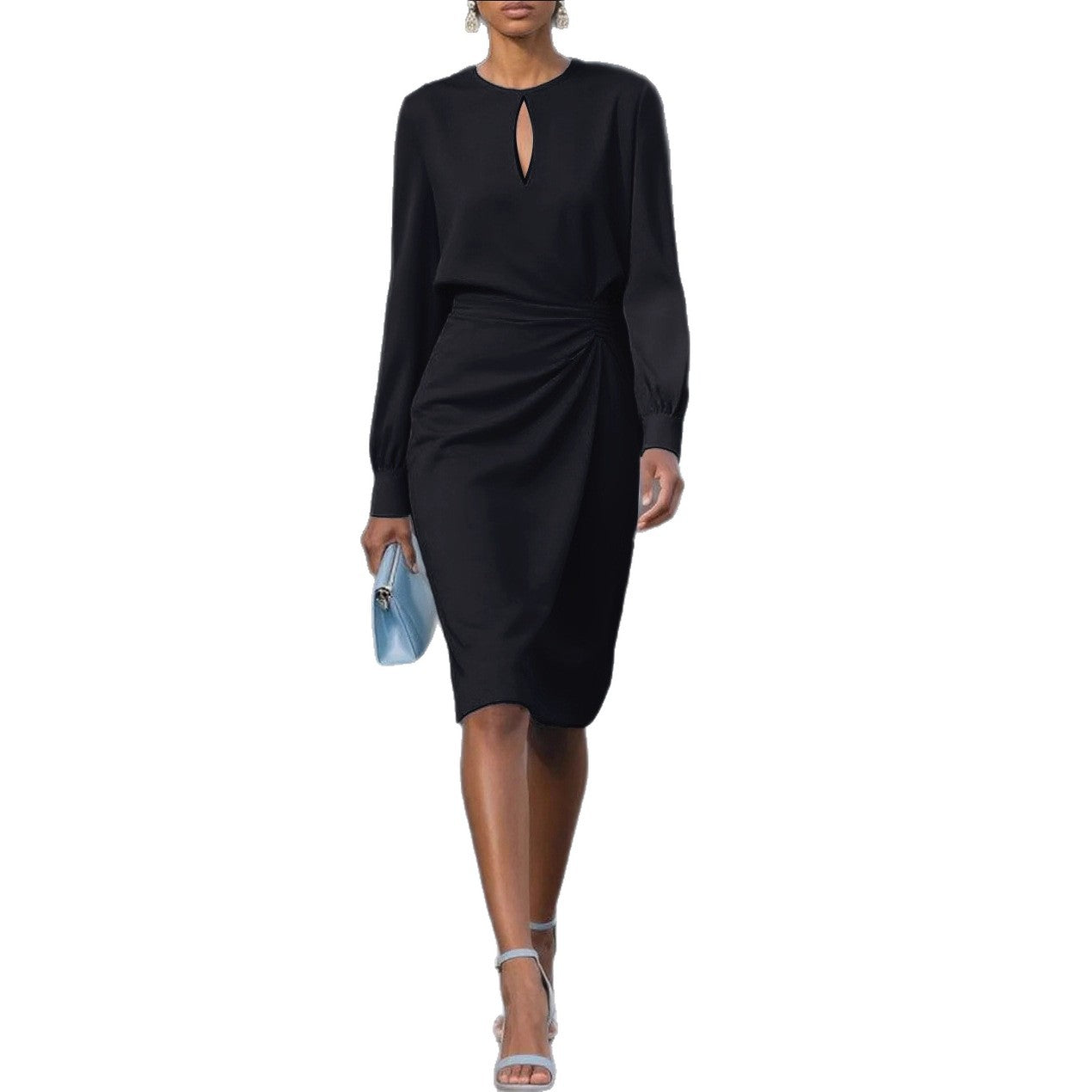 Solid Midi Dress with Keyhole Neck and Draped Waist