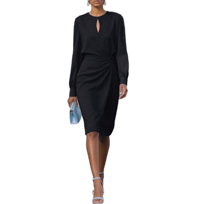 Solid Midi Dress with Keyhole Neck and Draped Waist