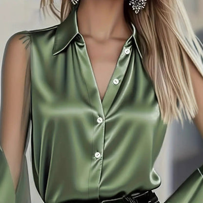 Solid Satin Blouse with Sheer Puff Sleeves and Lapel Collar