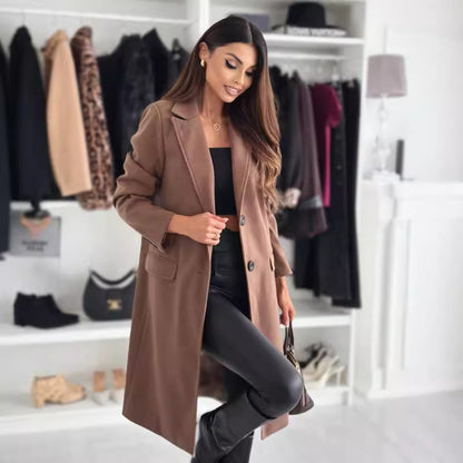 Solid Long Coat with Notched Lapel