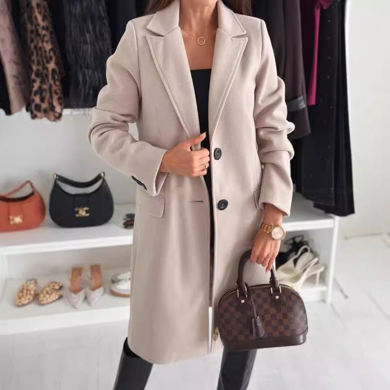 Solid Long Coat with Notched Lapel