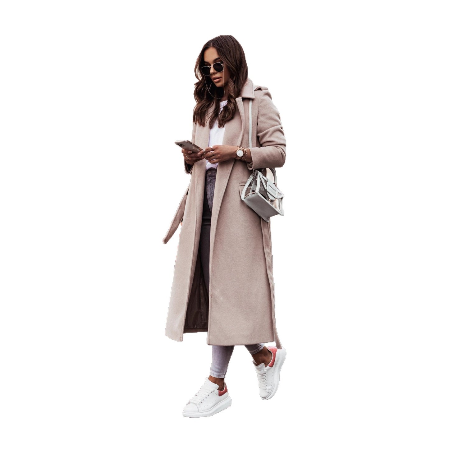 Solid Longline Coat with Lapel Collar and Tie-Waist