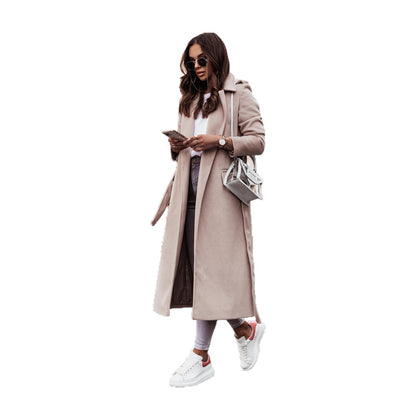 Solid Longline Coat with Lapel Collar and Tie-Waist