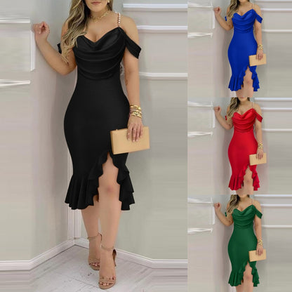 Bodycon Midi Dress with Pearl Chain Off-Shoulder and Ruffle Hem