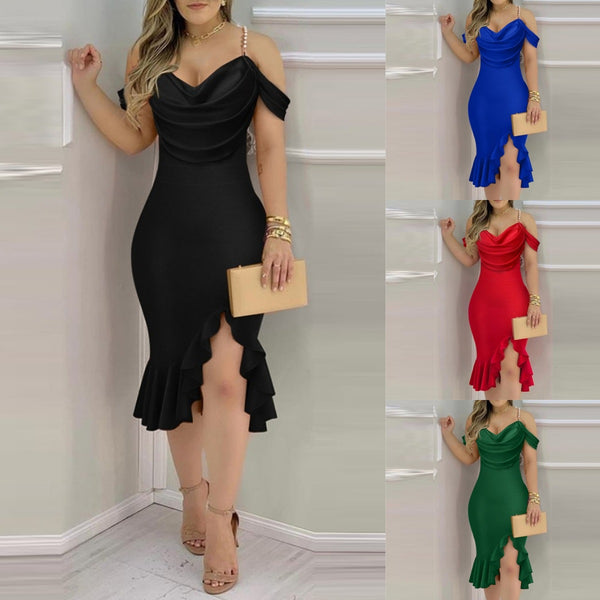 Bodycon Midi Dress with Pearl Chain Off-Shoulder and Ruffle Hem