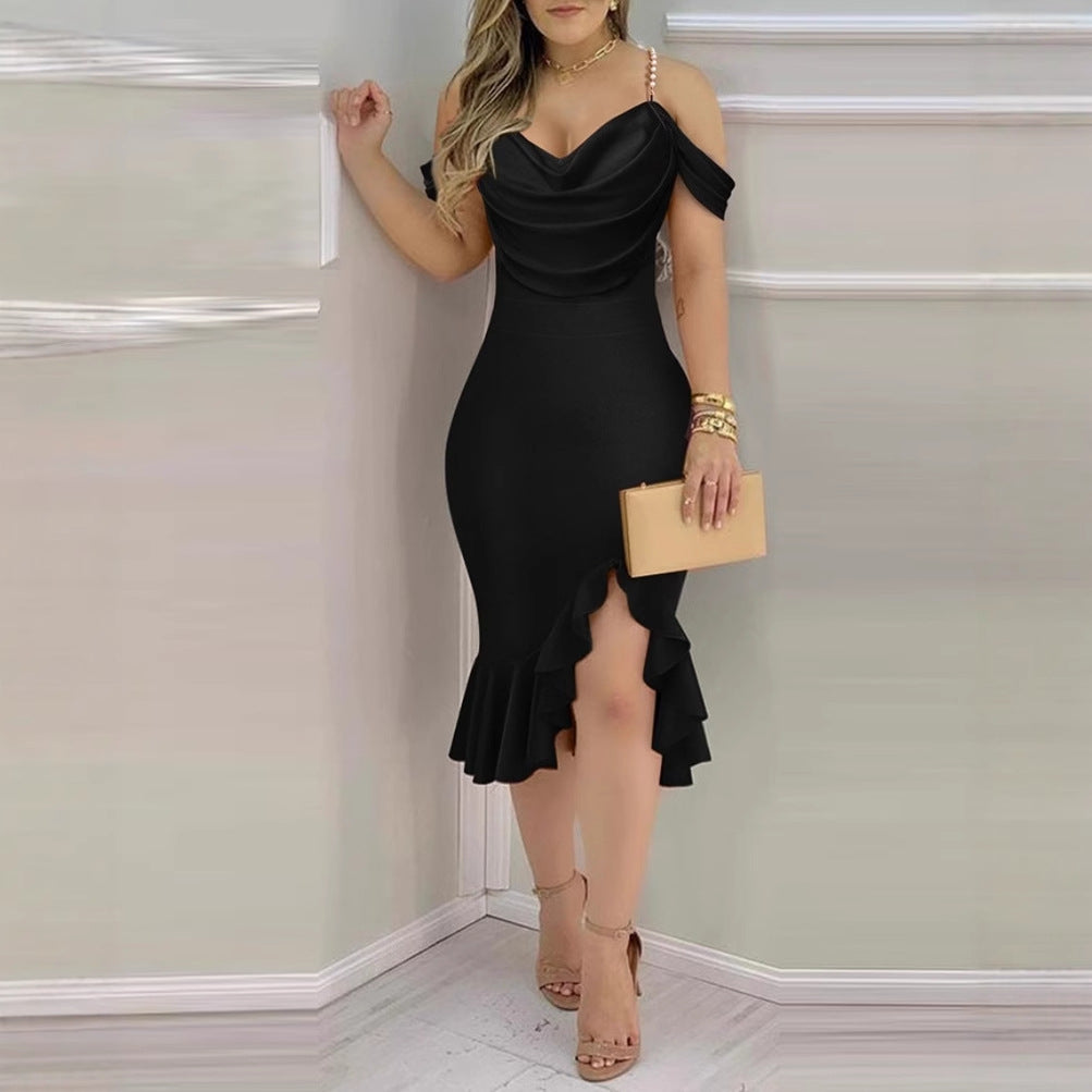 Bodycon Midi Dress with Pearl Chain Off-Shoulder and Ruffle Hem