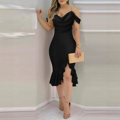 Bodycon Midi Dress with Pearl Chain Off-Shoulder and Ruffle Hem