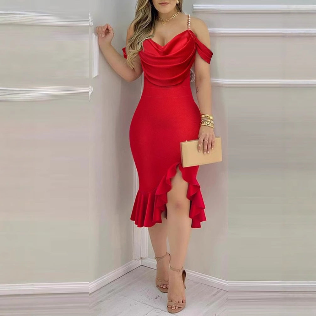 Bodycon Midi Dress with Pearl Chain Off-Shoulder and Ruffle Hem