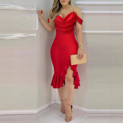 Bodycon Midi Dress with Pearl Chain Off-Shoulder and Ruffle Hem
