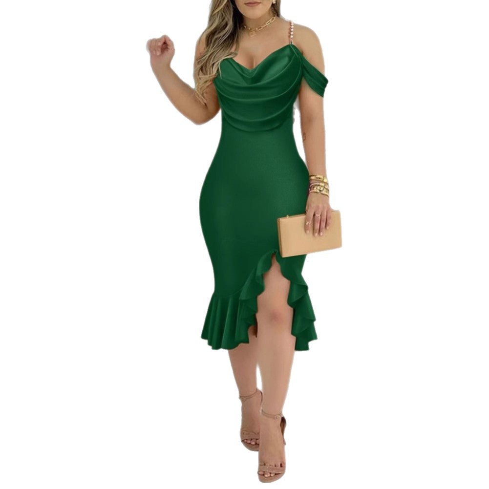 Bodycon Midi Dress with Pearl Chain Off-Shoulder and Ruffle Hem