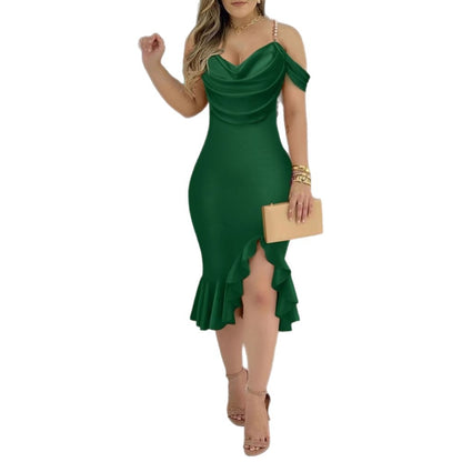 Bodycon Midi Dress with Pearl Chain Off-Shoulder and Ruffle Hem