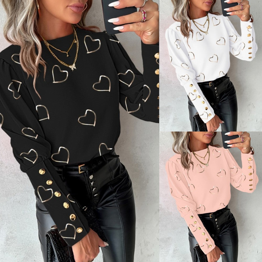 Gold Heart Print Blouse with Long Sleeves and Button Cuffs