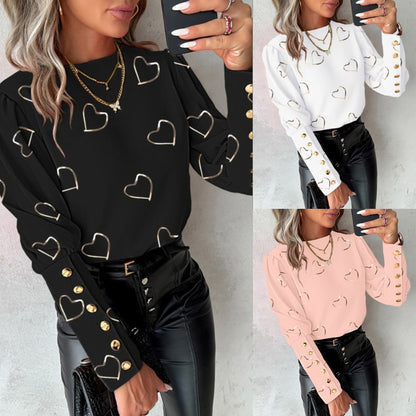 Gold Heart Print Blouse with Long Sleeves and Button Cuffs