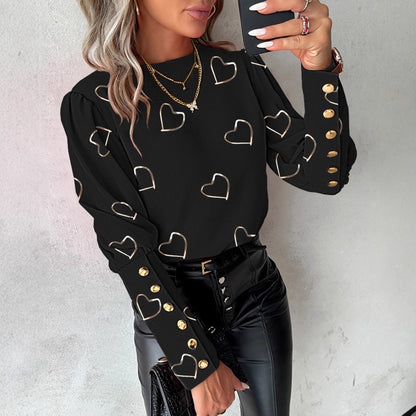 Gold Heart Print Blouse with Long Sleeves and Button Cuffs