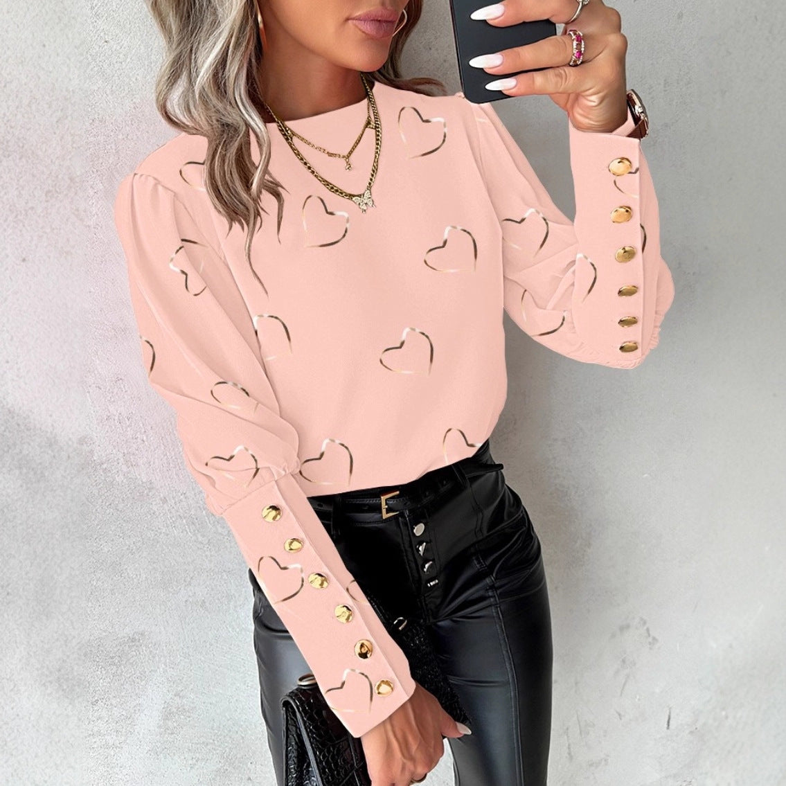 Gold Heart Print Blouse with Long Sleeves and Button Cuffs
