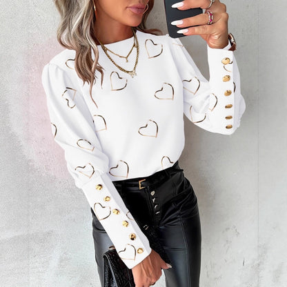 Gold Heart Print Blouse with Long Sleeves and Button Cuffs