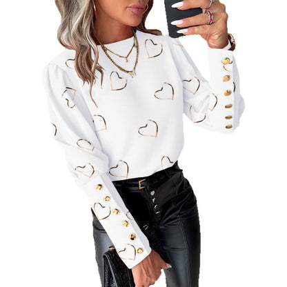 Gold Heart Print Blouse with Long Sleeves and Button Cuffs