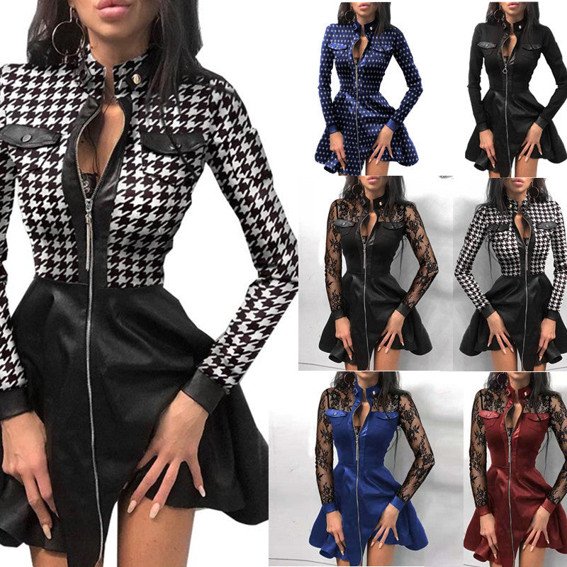 Houndstooth Faux Leather Mini Dress with Zipper Front