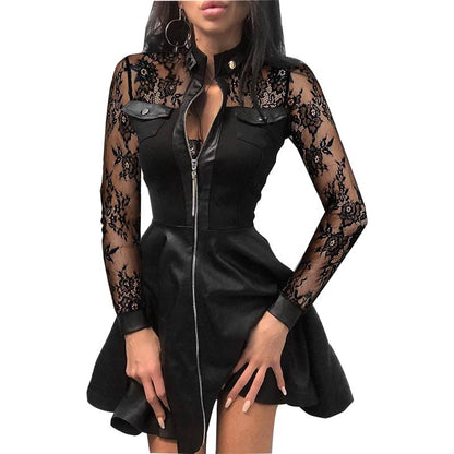 Houndstooth Faux Leather Mini Dress with Zipper Front