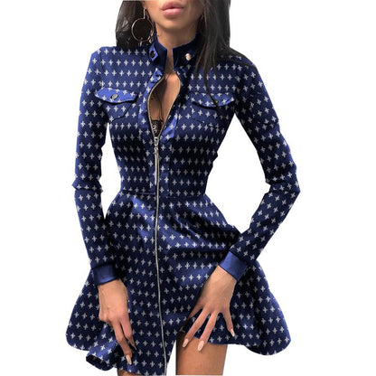 Houndstooth Faux Leather Mini Dress with Zipper Front