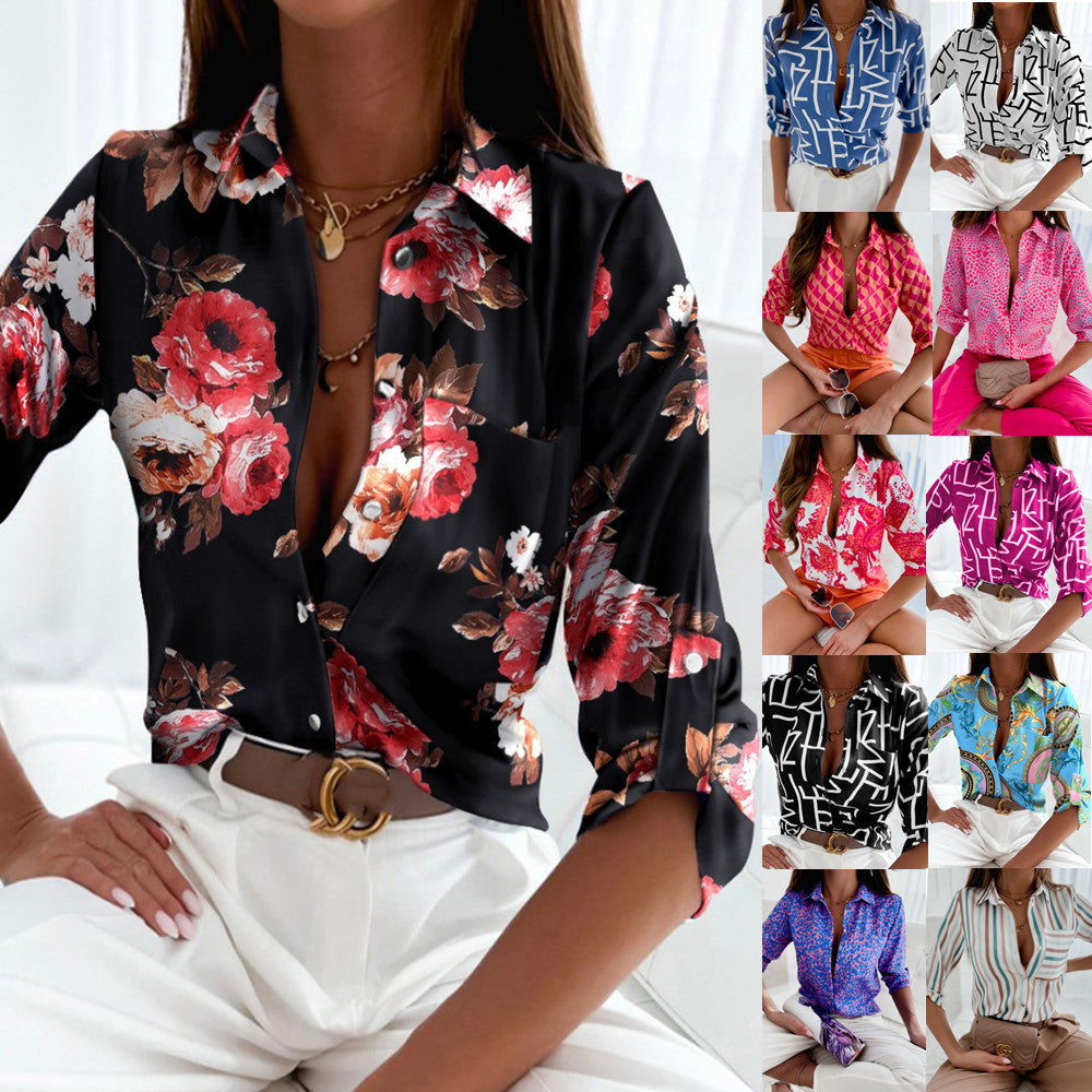 Printed Long Sleeve Button-Down Shirt with V-Neck