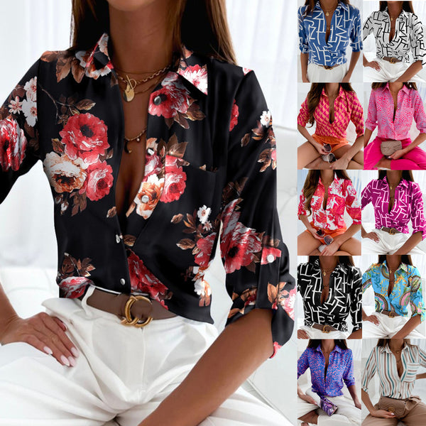 Printed Long Sleeve Button-Down Shirt with V-Neck