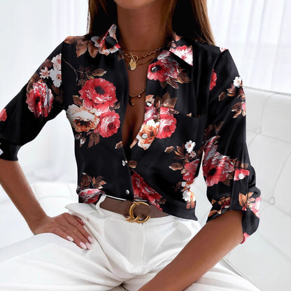 Printed Long Sleeve Button-Down Shirt with V-Neck