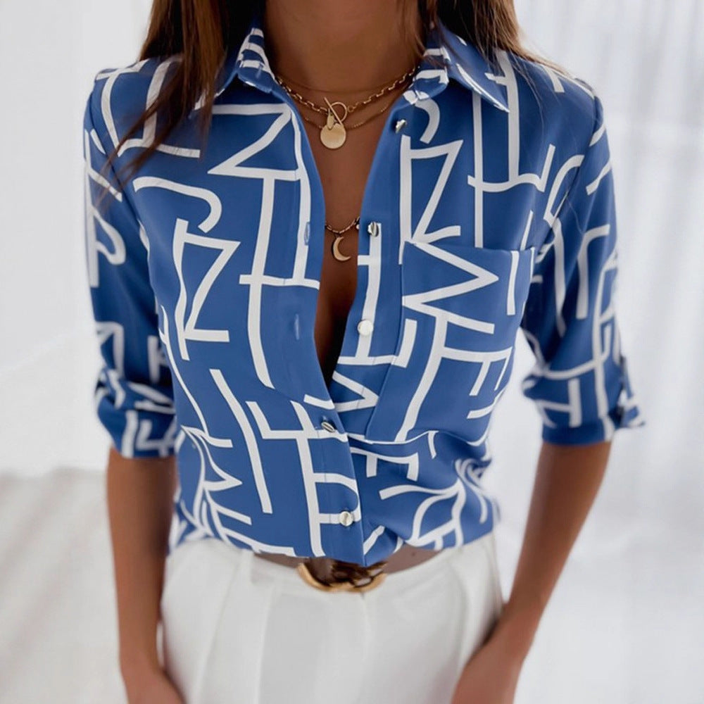 Printed Long Sleeve Button-Down Shirt with V-Neck