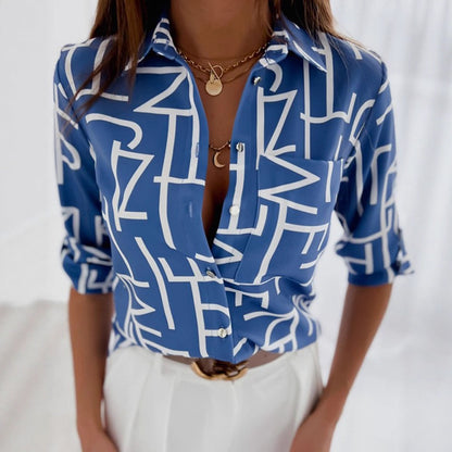 Printed Long Sleeve Button-Down Shirt with V-Neck