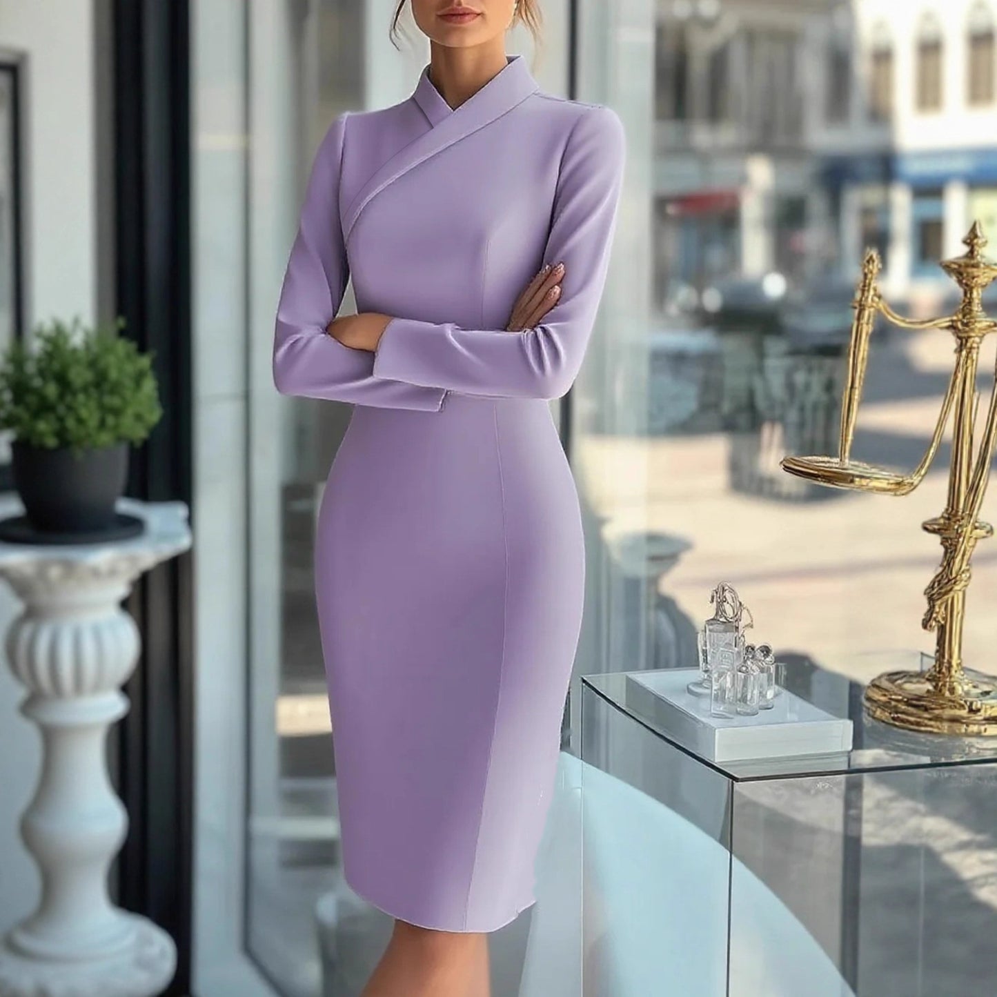 Sheath Midi Dress with Asymmetrical Wrap Collar