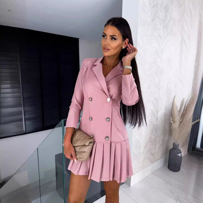 Blazer Dress with Double-Breasted Buttons and Pleated Skirt