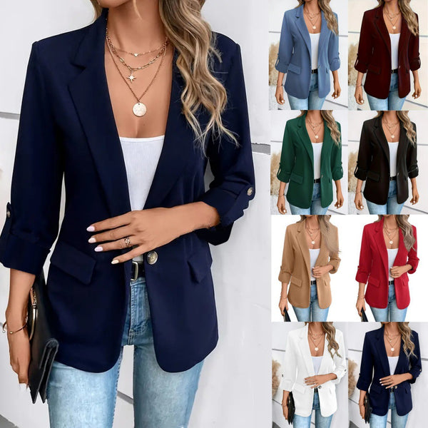 Solid Blazer with Notched Lapel and Rolled Sleeves