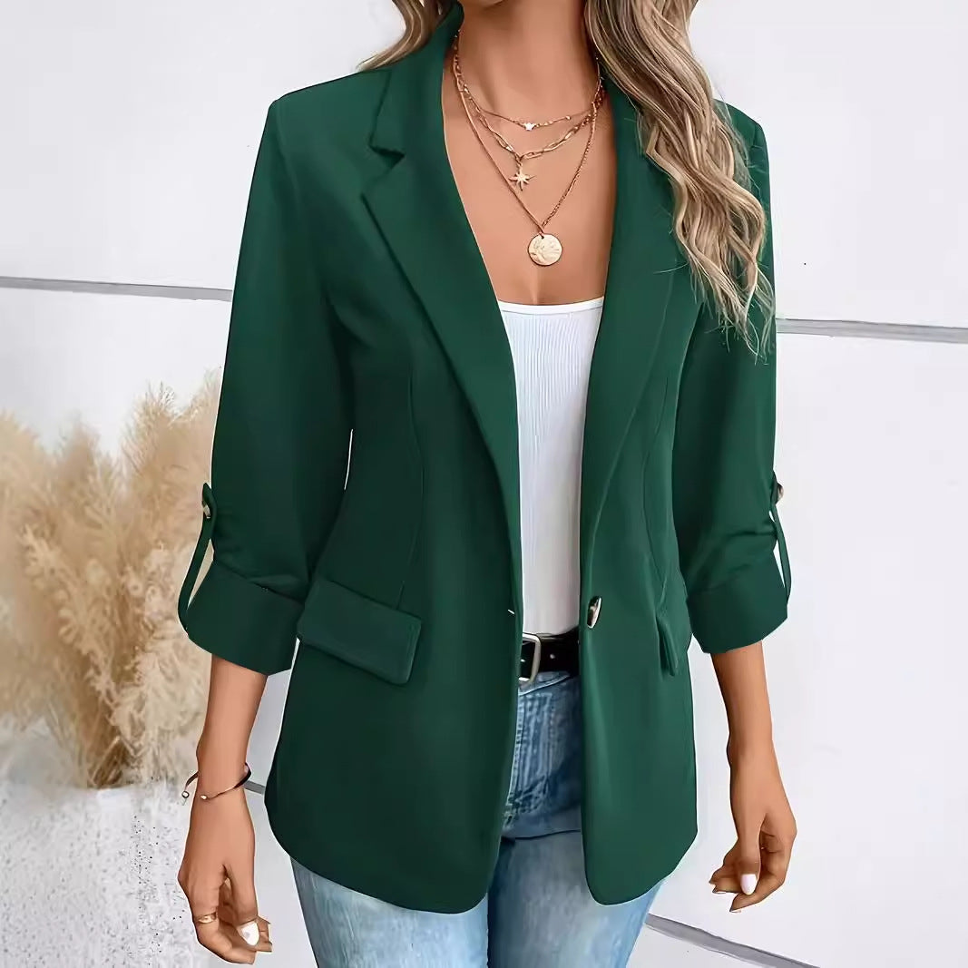 Solid Blazer with Notched Lapel and Rolled Sleeves