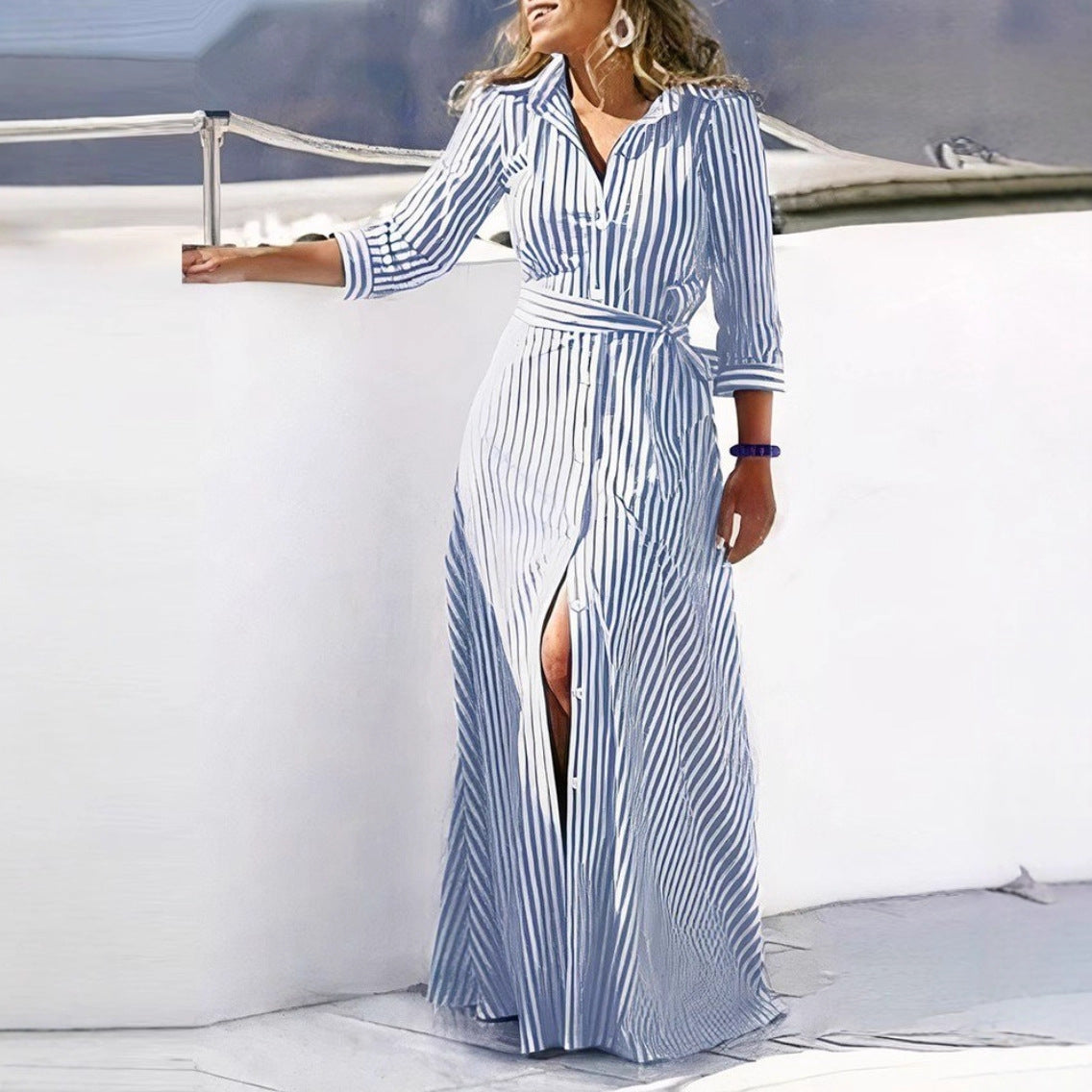 Wavy Striped Maxi Shirt Dress with V-Neck and Belt