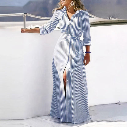 Wavy Striped Maxi Shirt Dress with V-Neck and Belt