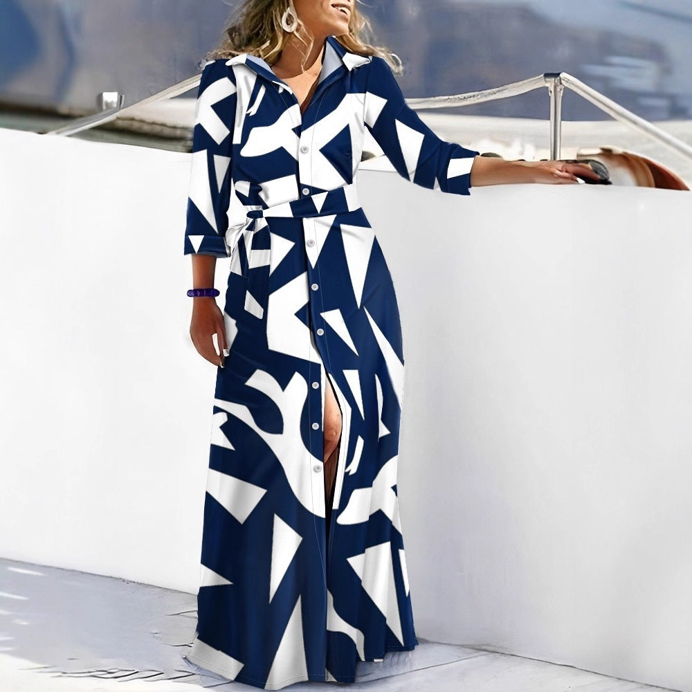 Wavy Striped Maxi Shirt Dress with V-Neck and Belt