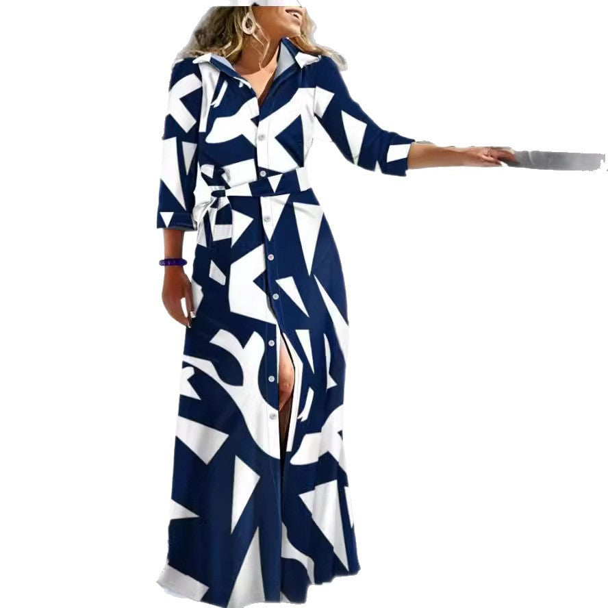 Wavy Striped Maxi Shirt Dress with V-Neck and Belt