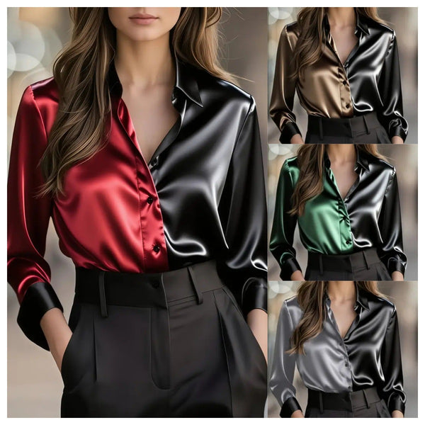 Two-Tone Satin Button-Down Shirt with Lapel Collar